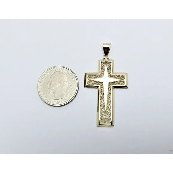 Beautiful 14K Karat Solid Yellow Gold Religious Designer Cross Charm Pendant